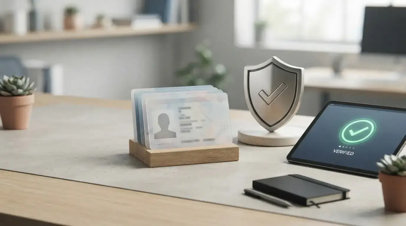 Editorial illustration of identity verification documents and a secure account check