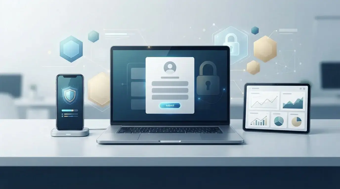 Editorial illustration of secure account setup on a generic laptop and phone without brand UI or personal data